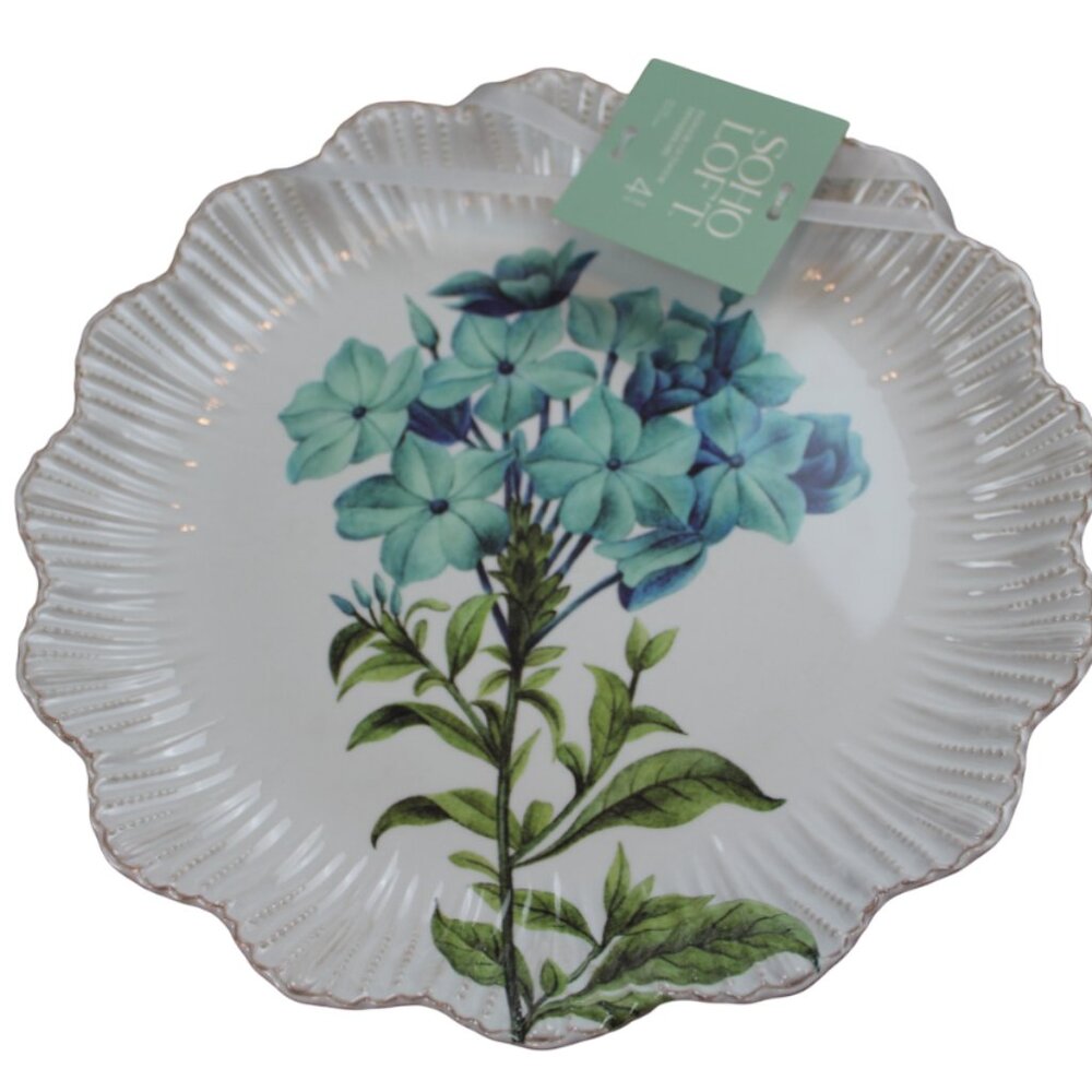 Soho Loft Blue Flower Scalloped Set of 4 11" Melamine Dinner Plates White NWT